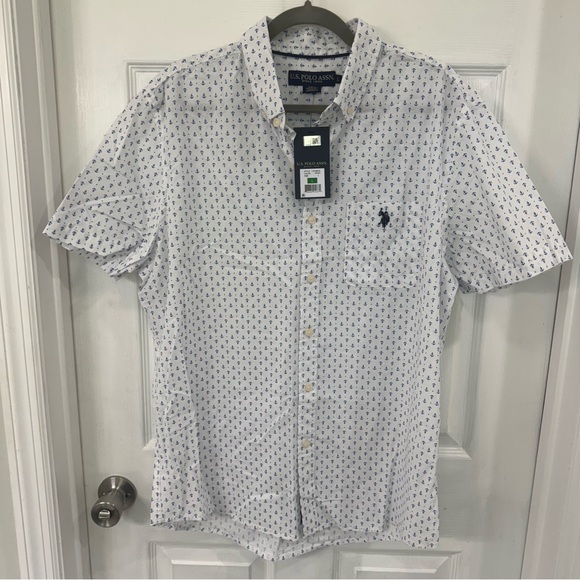NWT U.S. Polo Association‎ White and Blue Anchor Button Up Size L - Picture 1 of 8